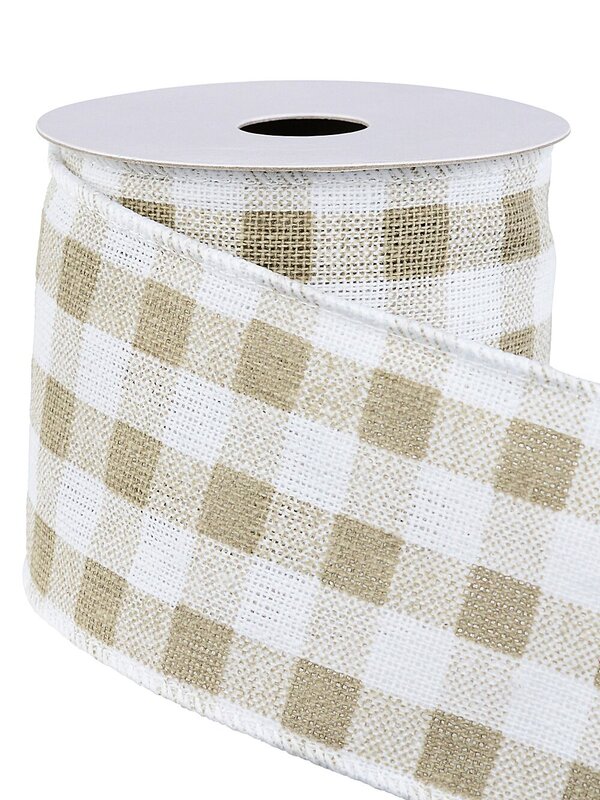Wired White Hessian Ribbon With Olive Green Tartan | 3m x 63mm