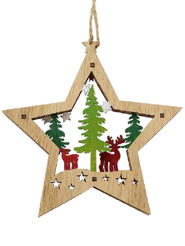 Wood Reindeer & Forest Star Scene Christmas Tree Hanging Decoration - 13cm