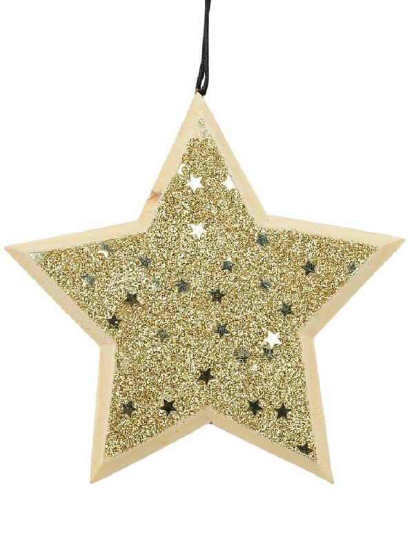 Wood Star With Gold Glitter & Stars Christmas Tree Hanging Decoration - 12cm