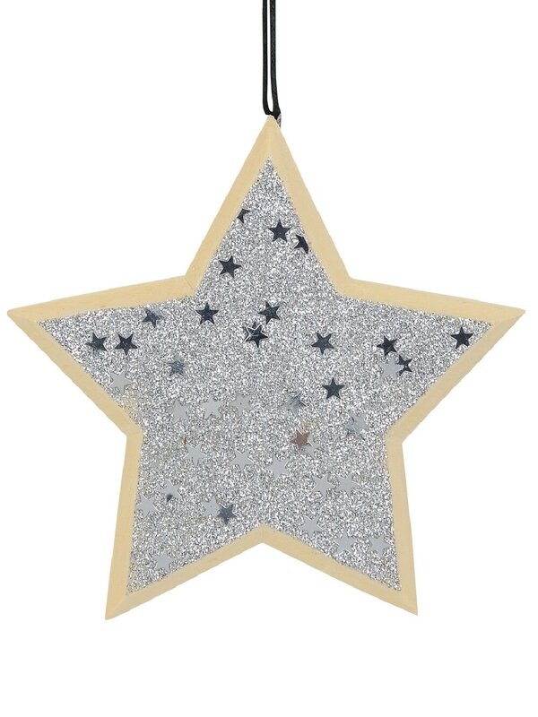 Wood Star With Silver Glitter & Stars Christmas Tree Hanging Decoration - 12cm
