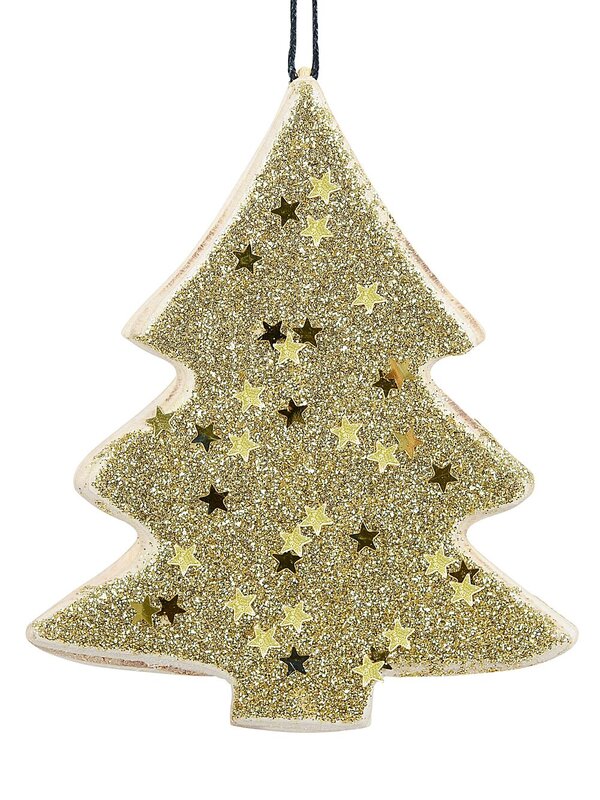 Wood Tree With Gold Glitter & Stars Christmas Tree Hanging Decoration - 11cm