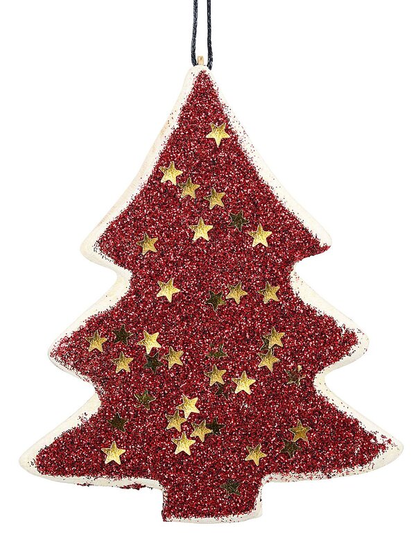 Wood Tree With Red Glitter & Stars Christmas Tree Hanging Decoration - 11cm