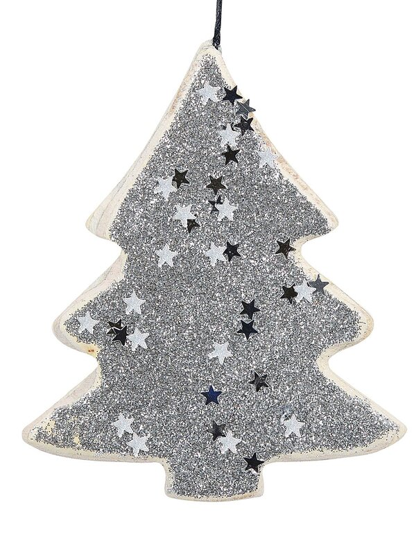 Wood Tree With Silver Glitter & Stars Christmas Tree Hanging Decoration - 11cm